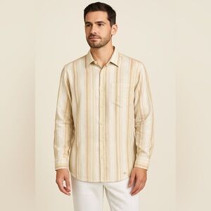 Tommy Bahama Beige & Cream Palm Stripe Long Sleeve Shirt - Size XL